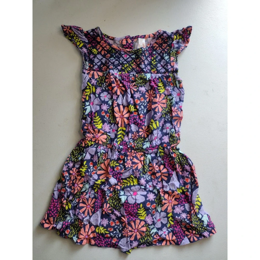 Cat & Jack‎ Girls Floral Dress Navy Blue Pink Purple XS 4/5 Flutter Sleeve